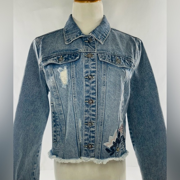 Y2K BEBE DESTINY GABBY DENIM JEAN JACKET EMBROIDERED SIZE LARGE - Picture 1 of 13